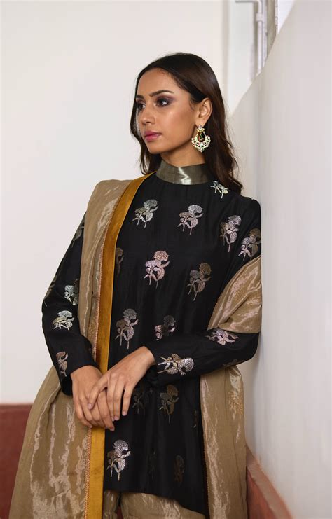 Polo Neck Short Kurta in Black Brocade with Champagne Grey Tissue Shar ...