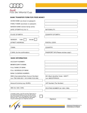 Fillable Online BANK TRANSFER FORM FOR PRIZE MONEY - FIS-Ski Fax Email ...