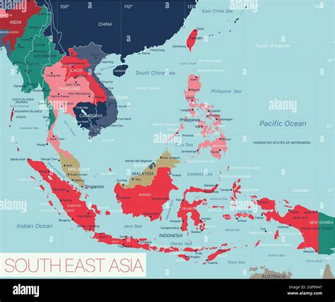 South East Asia region detailed editable map with countries cities and towns. Vector EPS-10 file ...