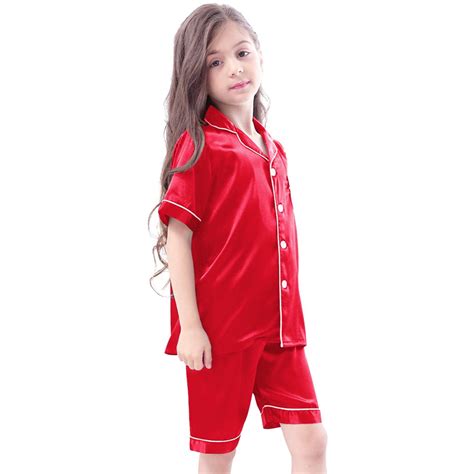 Girls' Pajama Sets Satin Pajamas Kids Button Down Tops with Shorts Silk ...