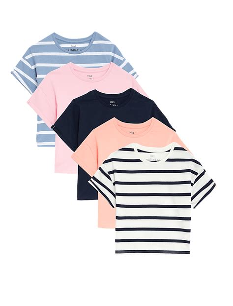Buy 5pk Pure Cotton Plain & Striped Tops at Marks & Spencer