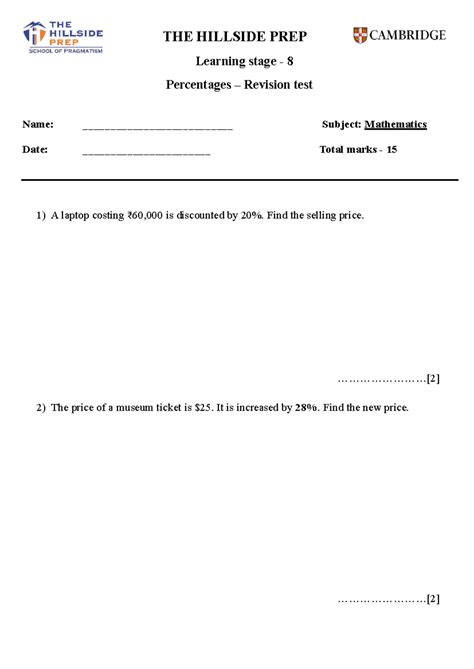 MATH 8 Percentages Revision Test: Key Concepts & Problems - Studocu
