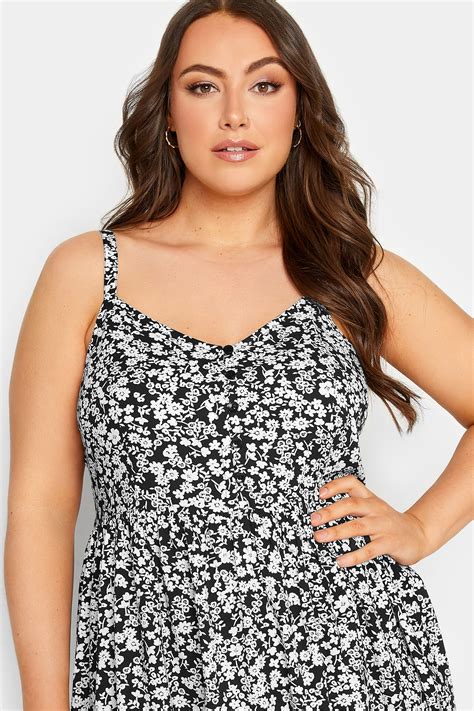 YOURS Plus Size Black Ditsy Floral Strappy Sundress | Yours Clothing