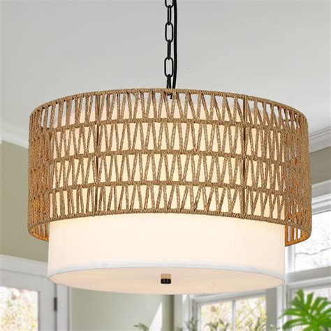 PAUFUL Farmhouse Chandeliers for Dining Room,5-Light Rattan Boho ...