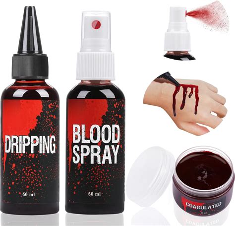 Fake Blood Set, 2.1oz Fake Blood Spray and 2.1oz Dripping Blood and 1 ...