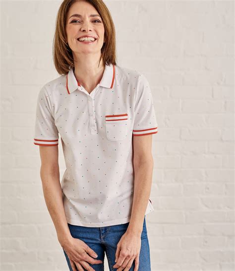 White/Multi Spot | Womens Cotton Pique Polo Shirt With Tipping ...