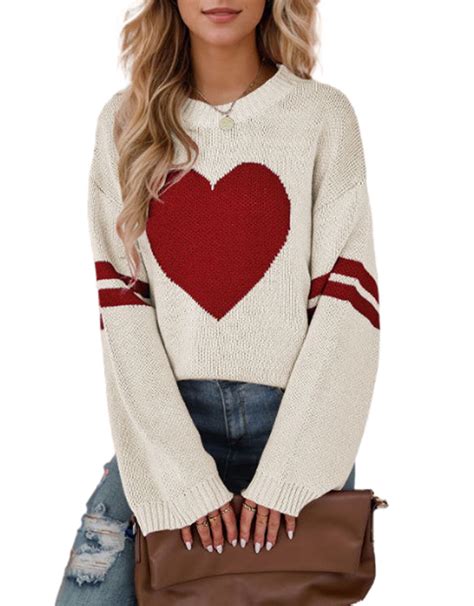 Pullover Sweaters for Women Cute Heart Print Valentines Day Crewneck ...