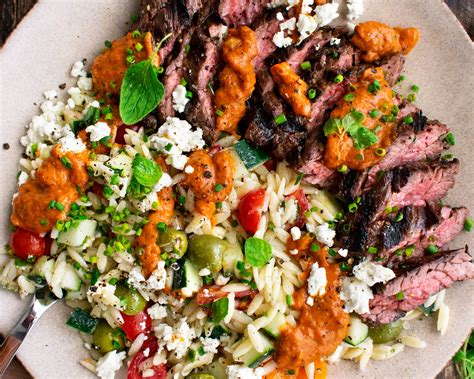 Skirt Steak with Orzo Salad & Red Pepper Sauce - The Original Dish
