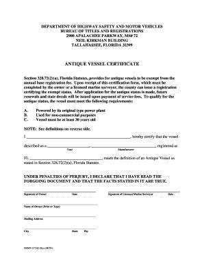 Florida Antique Vessel Certificate - Blank Fillable Template | Fill Out ...