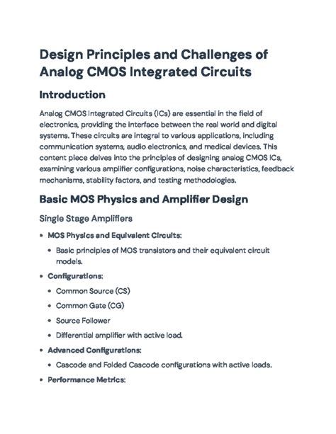 Analog CMOS IC Design Principles and Challenges for ECE 401 Course ...