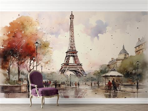 Buy Eiffel Tower Mural, Paris City Wallpaper, Watercolour Sketch Peel ...