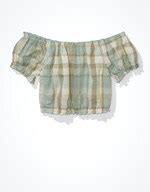 Buy American Eagle Women Green Plaid Off-The-Shoulder Puff-Sleeve Top ...