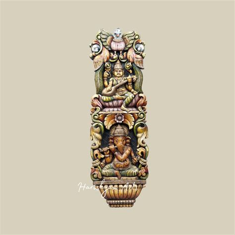 37" Wooden Saraswati Statue for Home with Veena & Lord Ganesha Playing