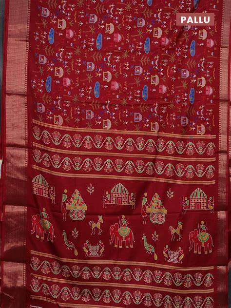 Semi dola saree maroon with allover warli prints and zari woven border ...