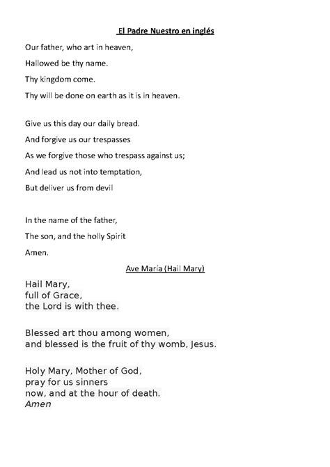 El Padre Nuestro en inglés - El Padre Nuestro en inglés Our father, who ...
