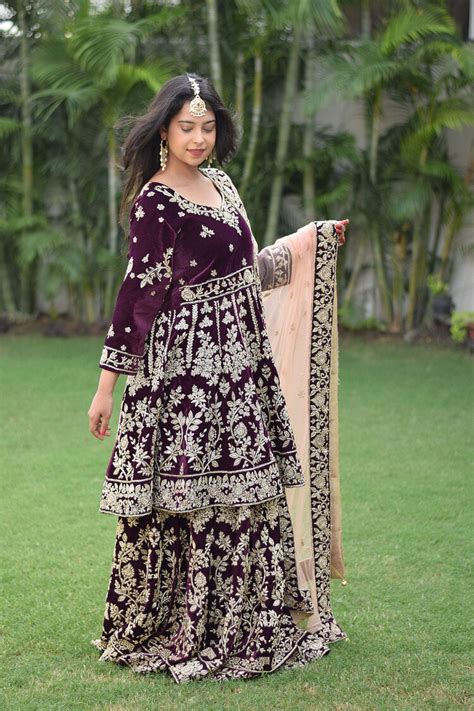Shop wine velvet zardozi work bridal lehenga set| The Indian Couture