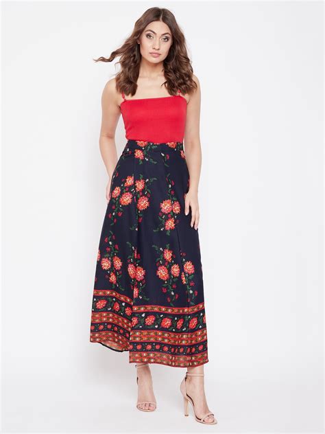 Women Navy Blue Floral Printed A-Line Maxi Skirt - Berrylush