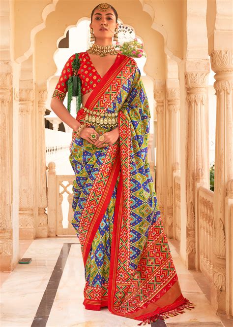Buy Chambray Blue Green Red Printed Patola Tussar Saree Online - MySilkLove