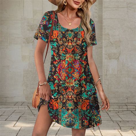 Mqqzkk Sundresses for Women Summer Beach Round Neck Short Sleeve Dress ...