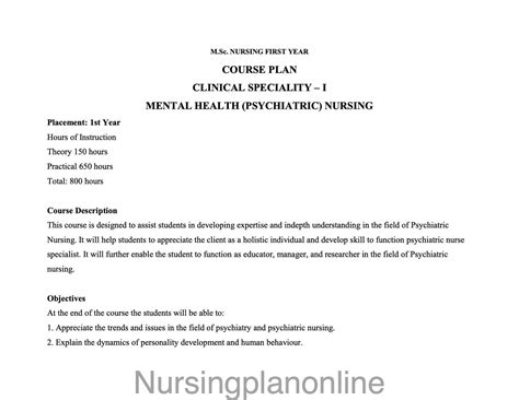 COURSE PLAN- MSc NURSING FIRST YEAR - MENTAL HEALTH NURSING – Nursing ...