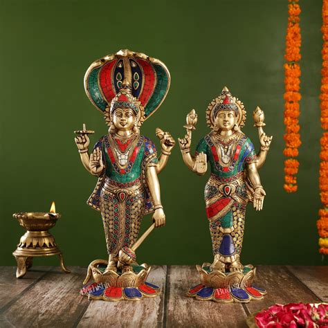 Brass Vishnu and Lakshmi Statues | 17" Height - Budhshiv.com