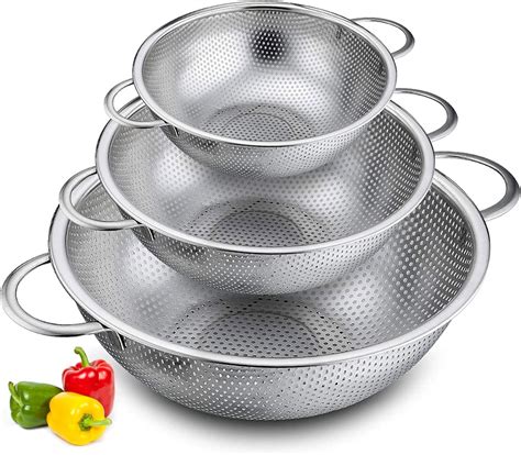 Colander Set of 3, BUZIFU Stainless Steel Colanders Micro-Perforated ...