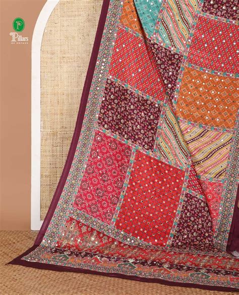 Multi-color geometric printed, mirror work masakali saree with printed