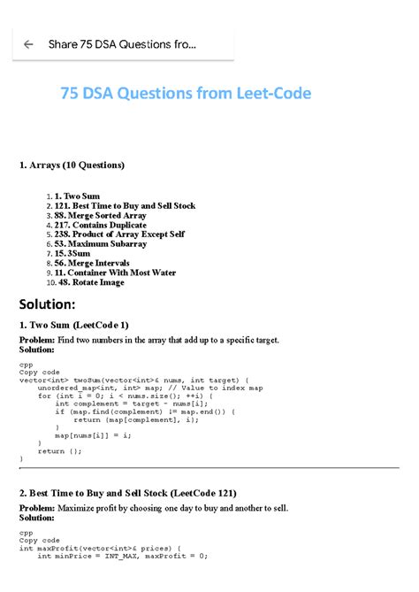 75 DSA Questions: Arrays, Strings, Linked Lists, and More - Studocu