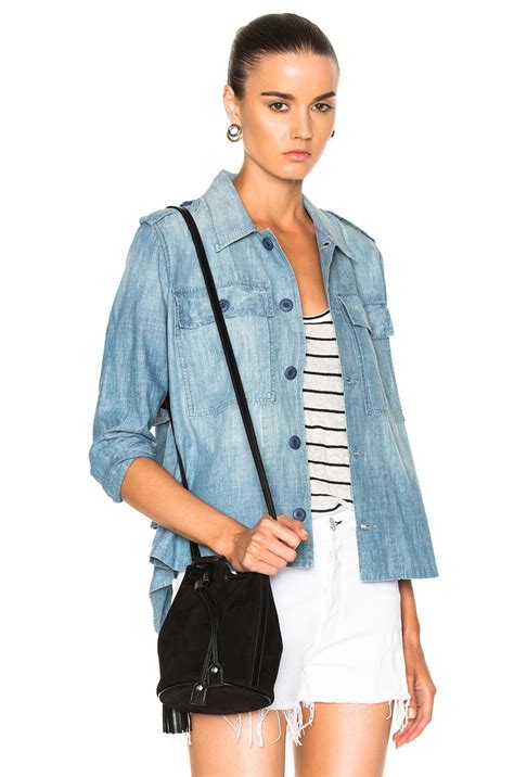 AMO Denim Ruffle Army Jacket in Medium Chambray | FWRD