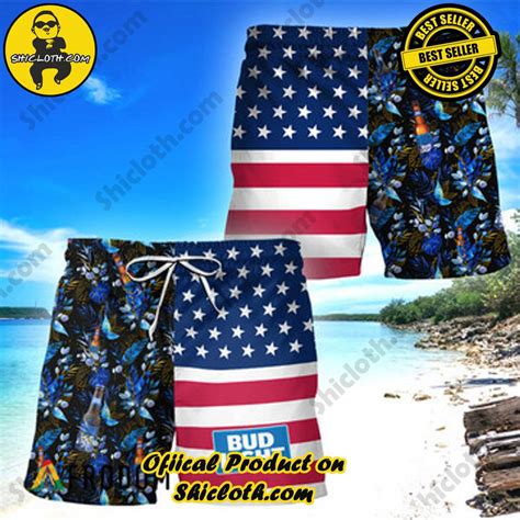 Bud Light Flower American Flag Hawaiian Shorts - Shicloth