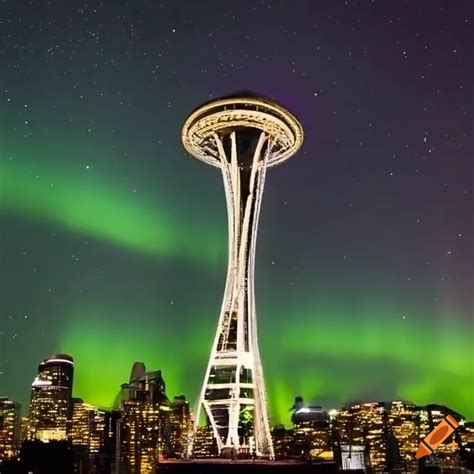 Seattle space needle illuminated by the northern lights in the night ...