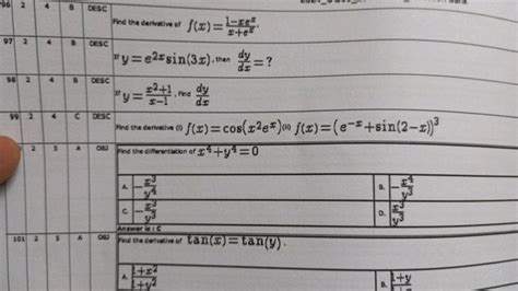 Find the derivative of: f(x) = (1 - xe^x) / (x + e^x) y = e^(2x)sin(3x),..
