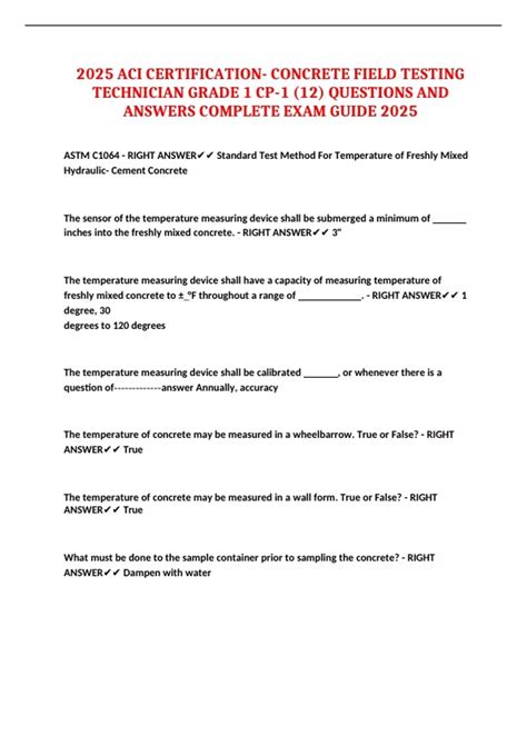 2025 ACI CERTIFICATION- CONCRETE FIELD TESTING TECHNICIAN GRADE 1 CP-1 ...