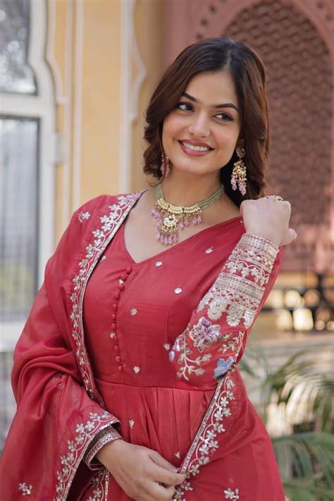 Red Elegant Viscose Cosmos Embroidered Anarkali Set with Dup