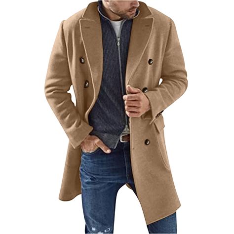 Penkiiy Men's Wool Trench Coat Single Breasted Slim Fit Mid-Length ...