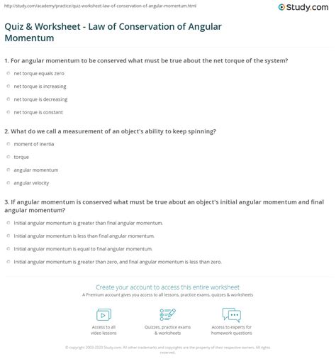 Quiz & Worksheet - Law of Conservation of Angular Momentum | Study.com