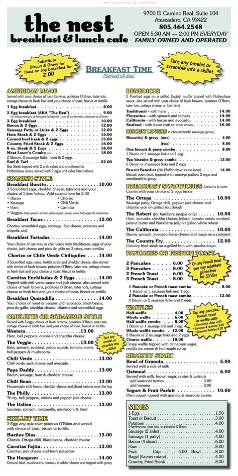 Menu at The Nest cafe, Atascadero