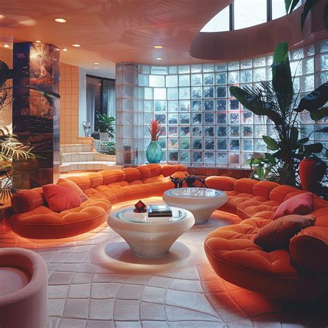 70s 80s Aesthetic Retro Orange Living Room Couch Glass Brick | Retro ...