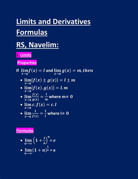 SOLUTION: Limits and derivatives formula sheet - Studypool