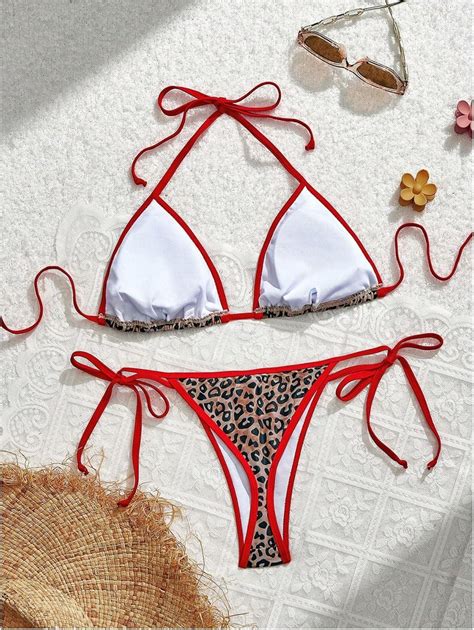 SOLY HUX Women’s Leopard Print String Bikini Set Halter Triangle Tie ...