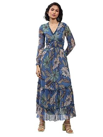Buy LABEL RITU KUMAR Blue Floral Print Long Dress with Tiers at Amazon.in