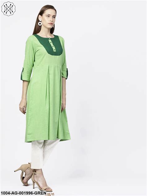 Solid Green 3/4Th Sleeve Flap Style Sleeve A-Line Kurta – Trendphoria