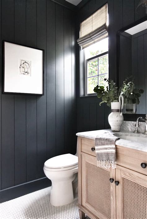black bathroom with white penny tile | Powder room decor, Powder room ...