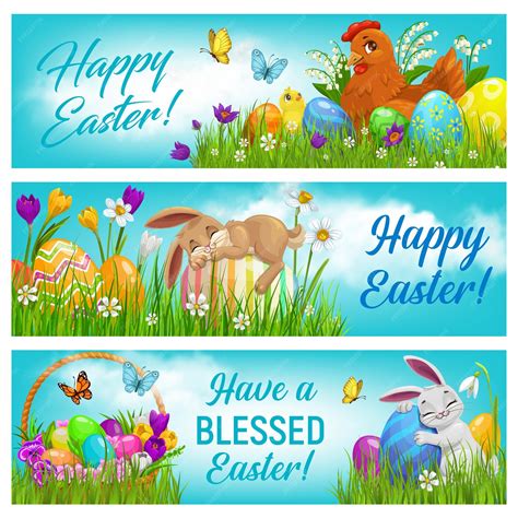 Premium Vector | Happy Easter cartoon vector banners postcards set