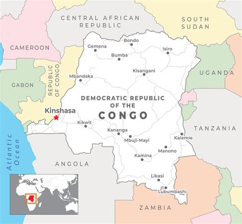 Congo Democratic Republic Political Map with capital Kinshasa, most ...