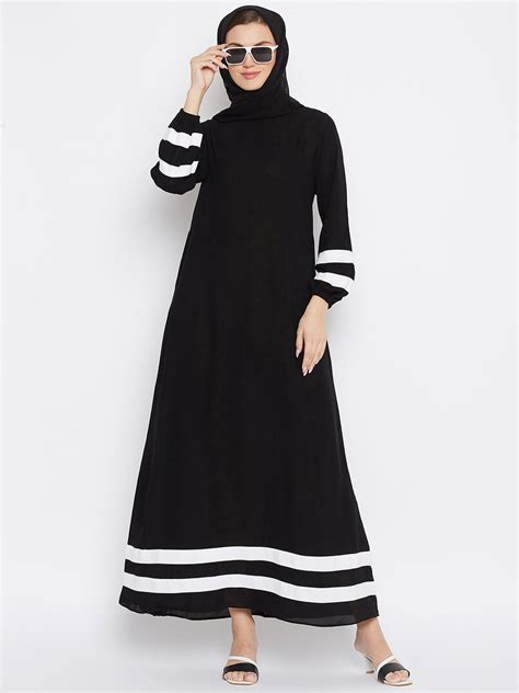 Nabia Women Black & White Solid Nida Matte A line Abaya With Georgette