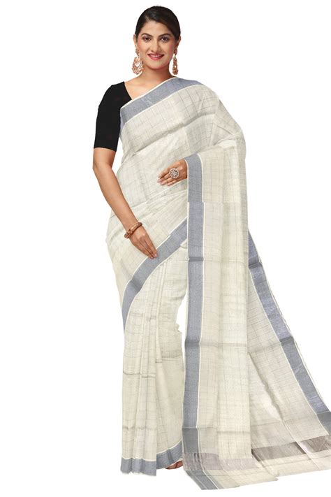 Pure Cotton Off White Kerala SIlver Kasavu Woven Check Saree with 3 x ...