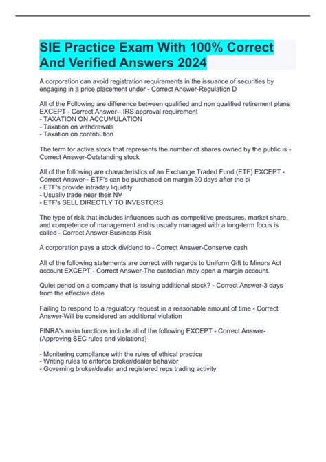 SIE Practice Exam With 100% Correct And Verified Answers 2024 - SIE ...