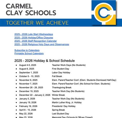 Carmel Clay Schools Calendar 2025-2026 | Holidays