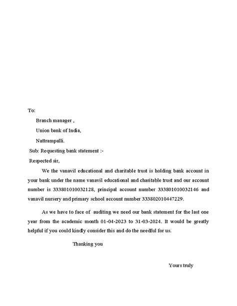 BANK Statement - SSSSS - To: Branch manager , Union bank of India ...